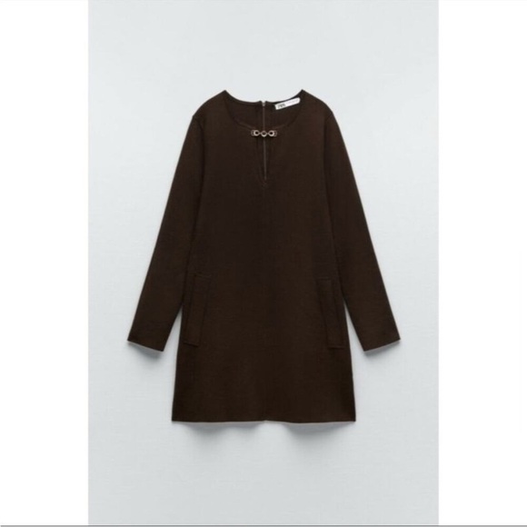 Zara Brown Gold Chain Cutout Long Sleeve Sweater Mini Dress NWT - Picture 4 of 7